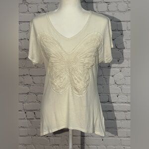 Cato Cream Short Sleeve Top with Butterfly Embroidery